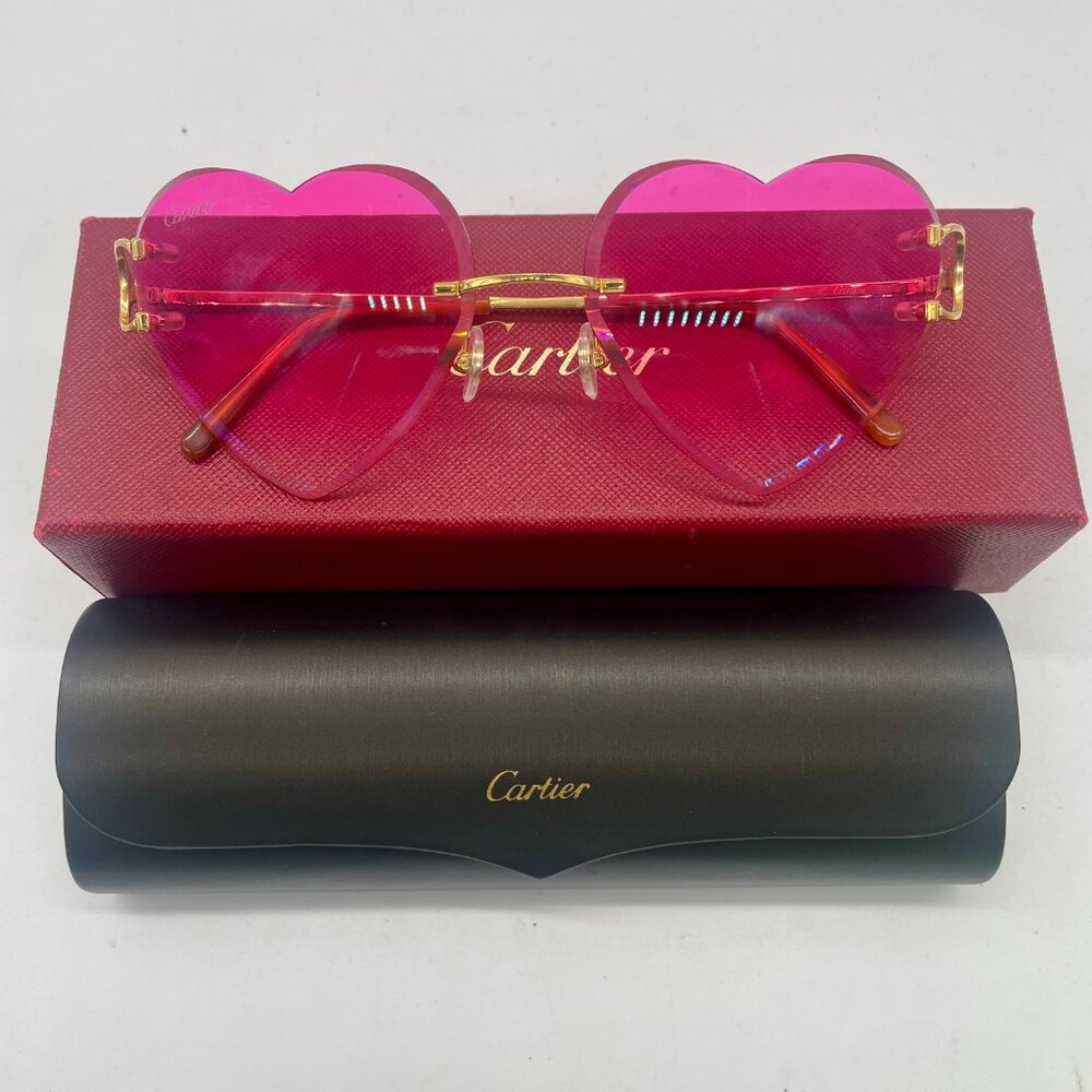 Cartier Big C Gold Wires Rimless Pink Heart Shaped Lenses Glasses Sunglasses